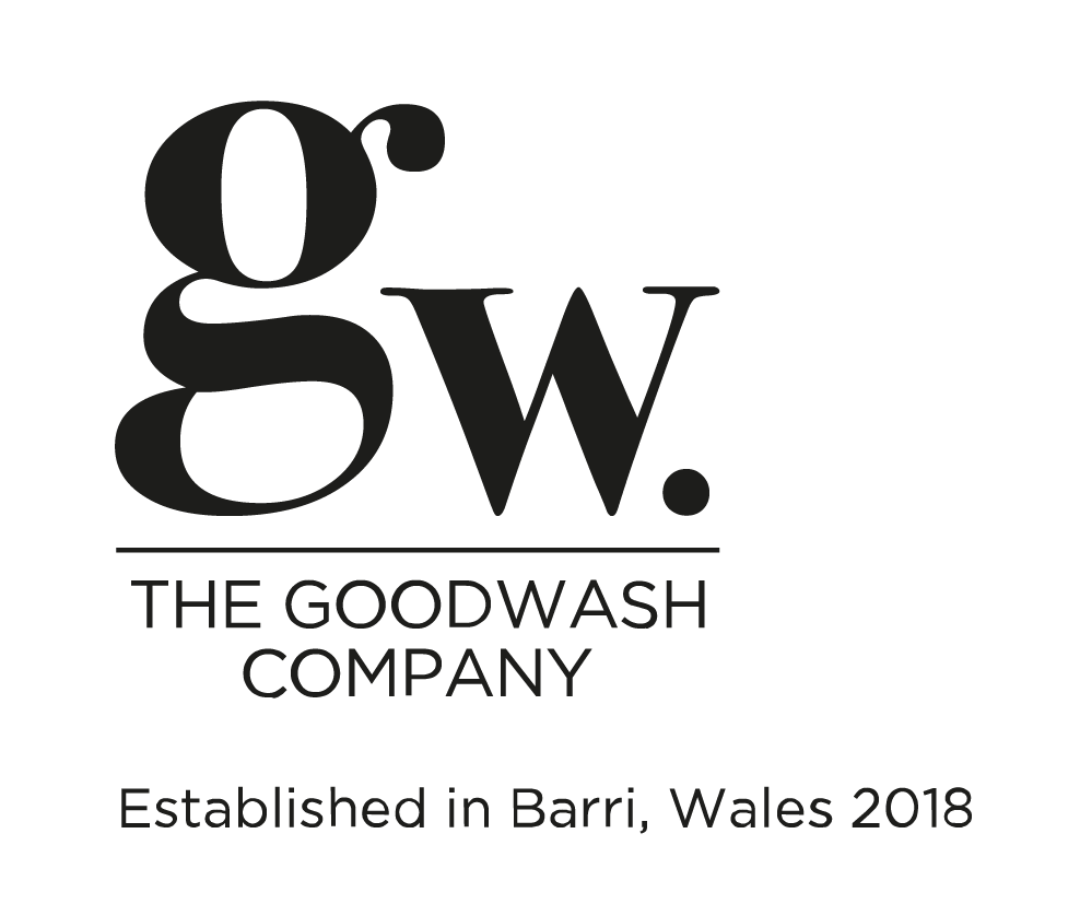 Logo of The Goodwash Company, established in Barri, Wales in 2018, featuring stylized letters 'g' and 'w'.