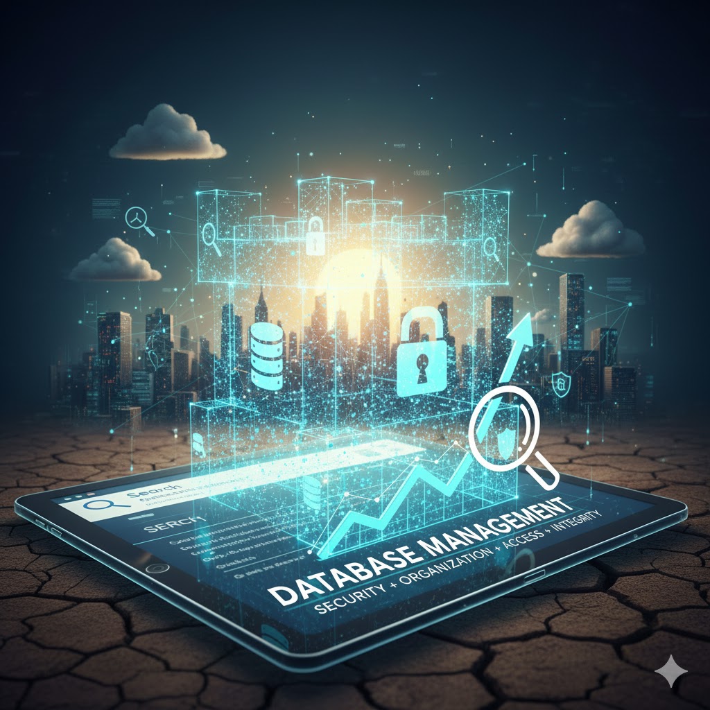 A digital tablet displaying a database management interface with glowing icons representing security, organization, and analysis, set against a city skyline and a sunset.