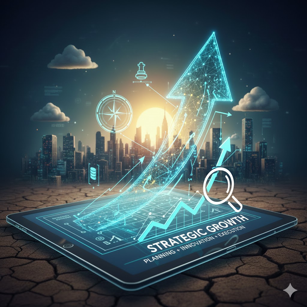 A digital tablet displaying holographic graphics representing strategic growth, with an upward arrow, compass, and city skyline in the background.